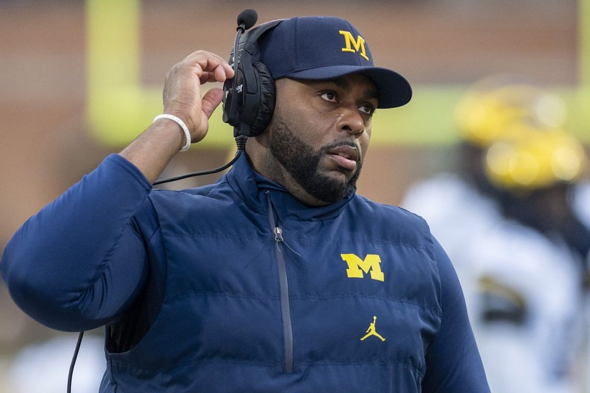 Nov 22, 2025; College Park, Maryland, USA; Michigan Wolverines head coach Sherrone Moore on the sidelines during the first quarter against the Maryland Terrapins  at SECU Stadium. Mandatory Credit: Tommy Gilligan-Imagn Images