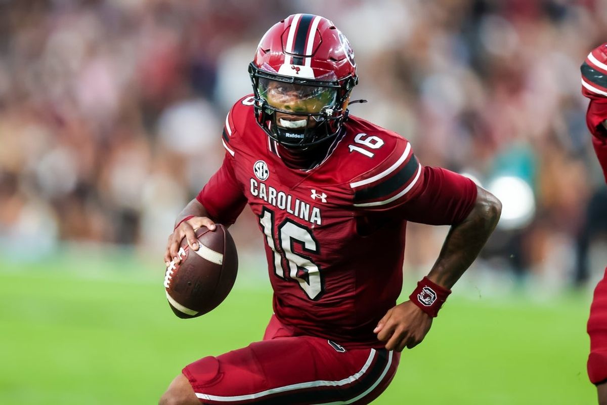 Nov 22, 2025; Columbia, South Carolina, USA; South Carolina Gamecocks quarterback Lanorris Sellers (16) scrambles against the Coastal Carolina Chanticleers in the second quarter at Williams-Brice Stadium. Mandatory Credit: Jeff Blake-Imagn Images