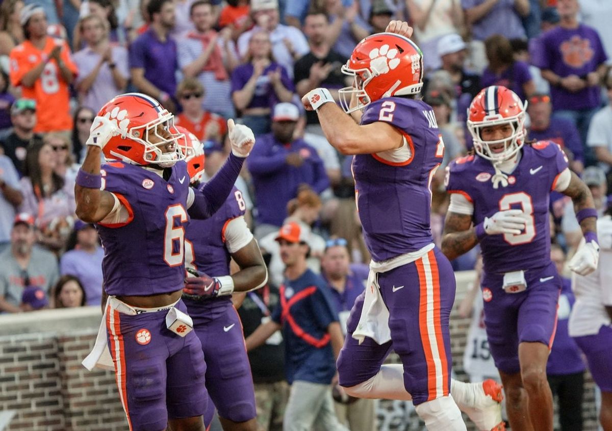 Clemson receiver Tyler Brown (6) celebrates his touchdown catch from senior quarterback Cade Klubnik (2) playing Furman during the first quarter at Memorial Stadium in Clemson, S.C. Saturday, November 22, 2025.