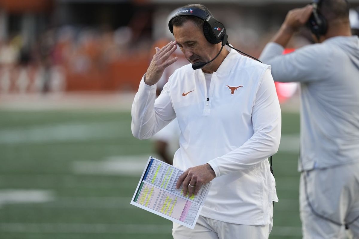 Nov 22, 2025; Austin, Texas, USA; Texas Longhorns head coach Steve Sarkisian pauses during the second half against the Arkansas Razorbacks at Darrell K Royal-Texas Memorial Stadium. Mandatory Credit: Scott Wachter-Imagn Images
