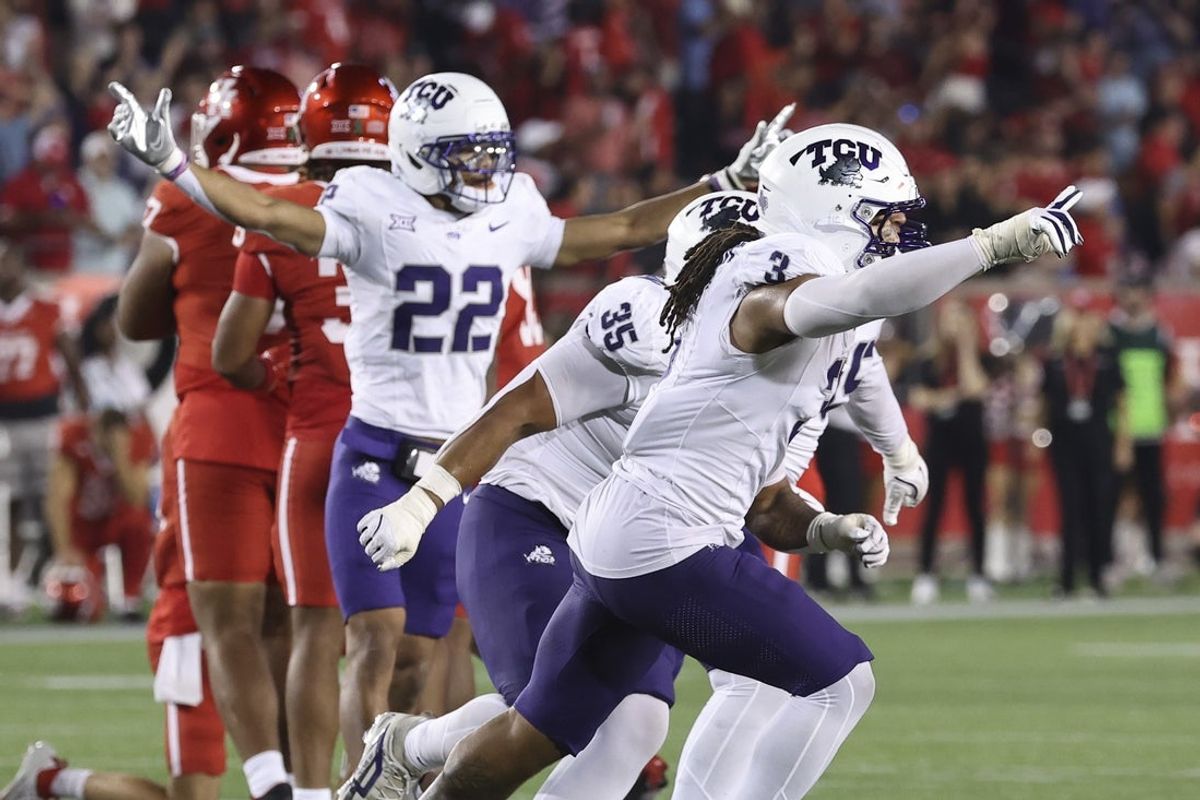 Nov 22, 2025; Houston, Texas, USA; TCU Horned Frogs linebacker Kaleb Elarms-Orr (3) celebrates after a Houston Cougars missed field goal attempt during the fourth quarter at TDECU Stadium. Mandatory Credit: Troy Taormina-Imagn Images