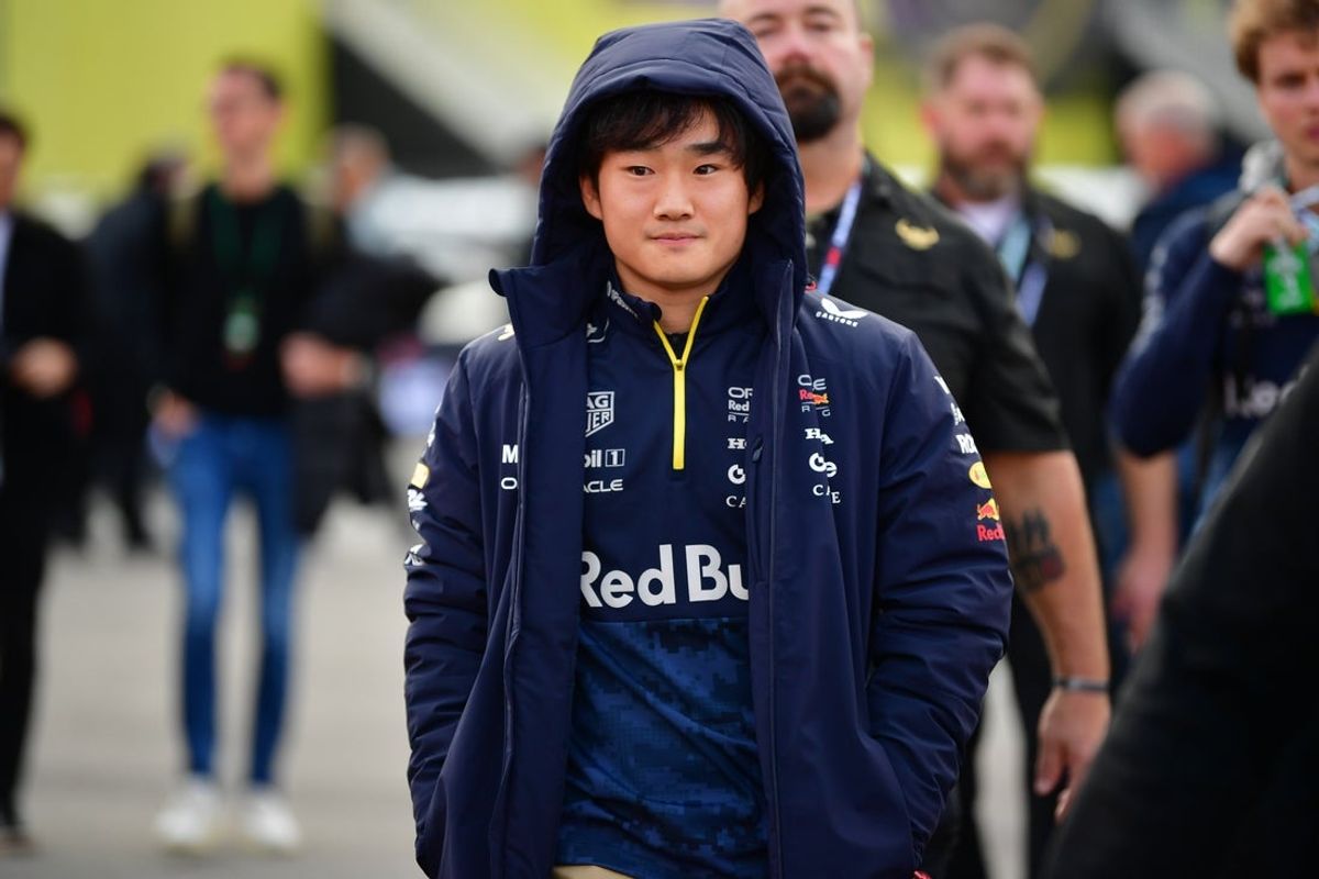 Nov 21, 2025; Las Vegas, NV, USA; Red Bull Racing driver Yuki Tsunoda (22) arrives for the Las Vegas Grand Prix at Las Vegas Strip Circuit. Mandatory Credit: Gary A. Vasquez-Imagn Images