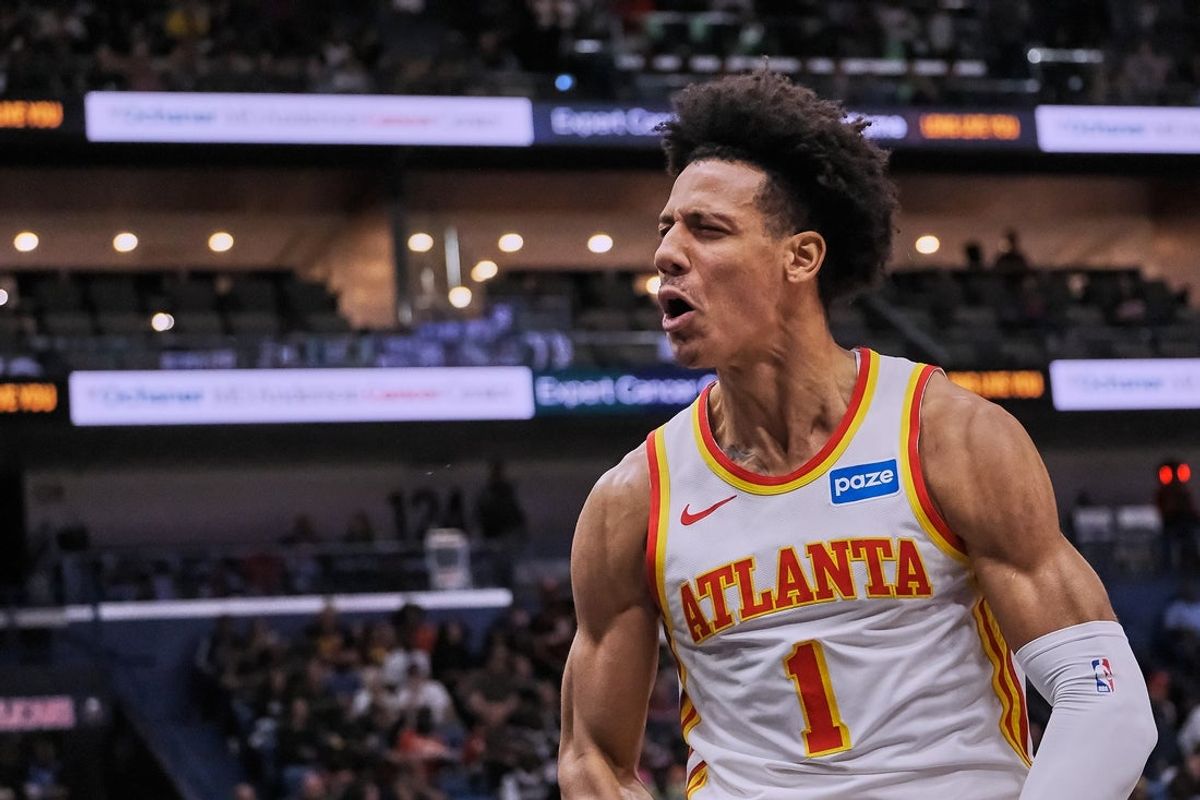 Nov 22, 2025; New Orleans, Louisiana, USA;  Atlanta Hawks forward Jalen Johnson (1) reacts against the New Orleans Pelicans at Smoothie King Center during the first half of the game. Mandatory Credit: Daniel Anderson-Imagn Images