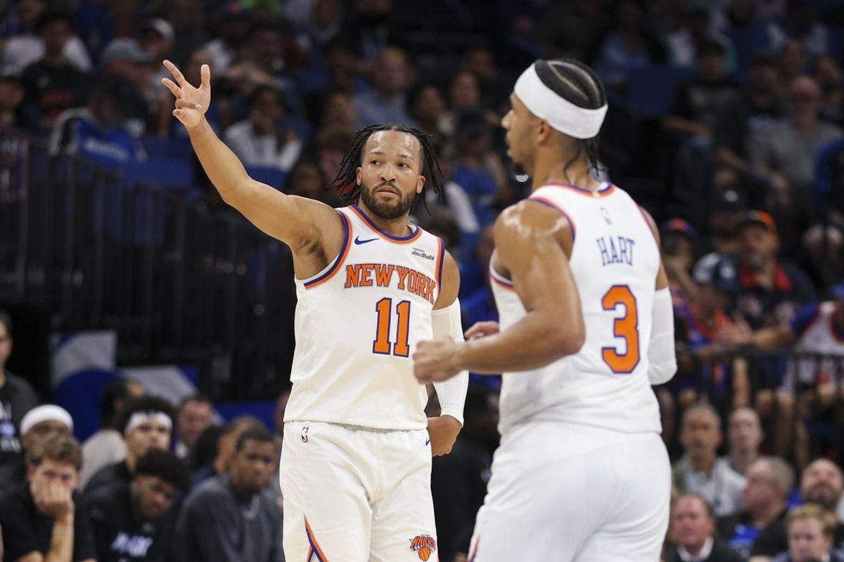 Nov 22, 2025; Orlando, Florida, USA; New York Knicks guard Jalen Brunson (11) reacts after a three point basket against the Orlando Magic in the first quarter at Kia Center. Mandatory Credit: Nathan Ray Seebeck-Imagn Images