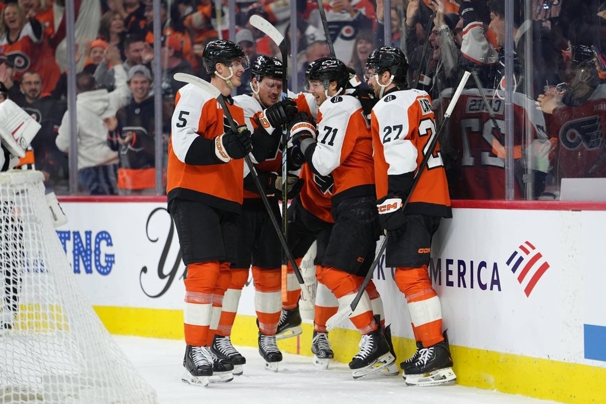 Nov 22, 2025; Philadelphia, Pennsylvania, USA; Philadelphia Flyers right wing Tyson Foerster (71) reacts with teammates after scoring a goal against the New Jersey Devils in the first period at Xfinity Mobile Arena. Mandatory Credit: Kyle Ross-Imagn Images