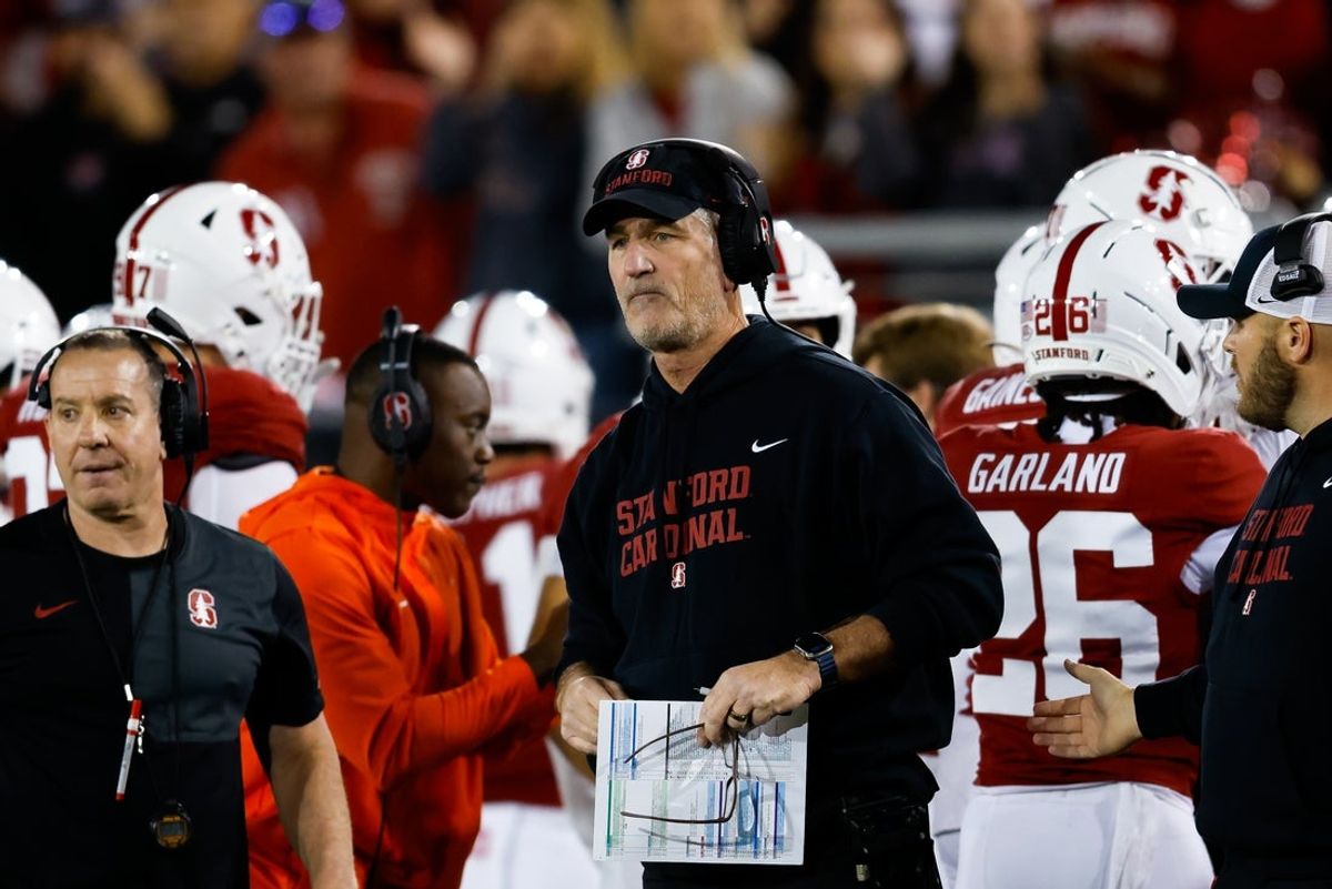 Nov 22, 2025; Stanford, California, USA; Stanford Cardinal head coach Frank Reich looks on during the second quarter against the California Golden Bears at Stanford Stadium. Mandatory Credit: Sergio Estrada-Imagn Images