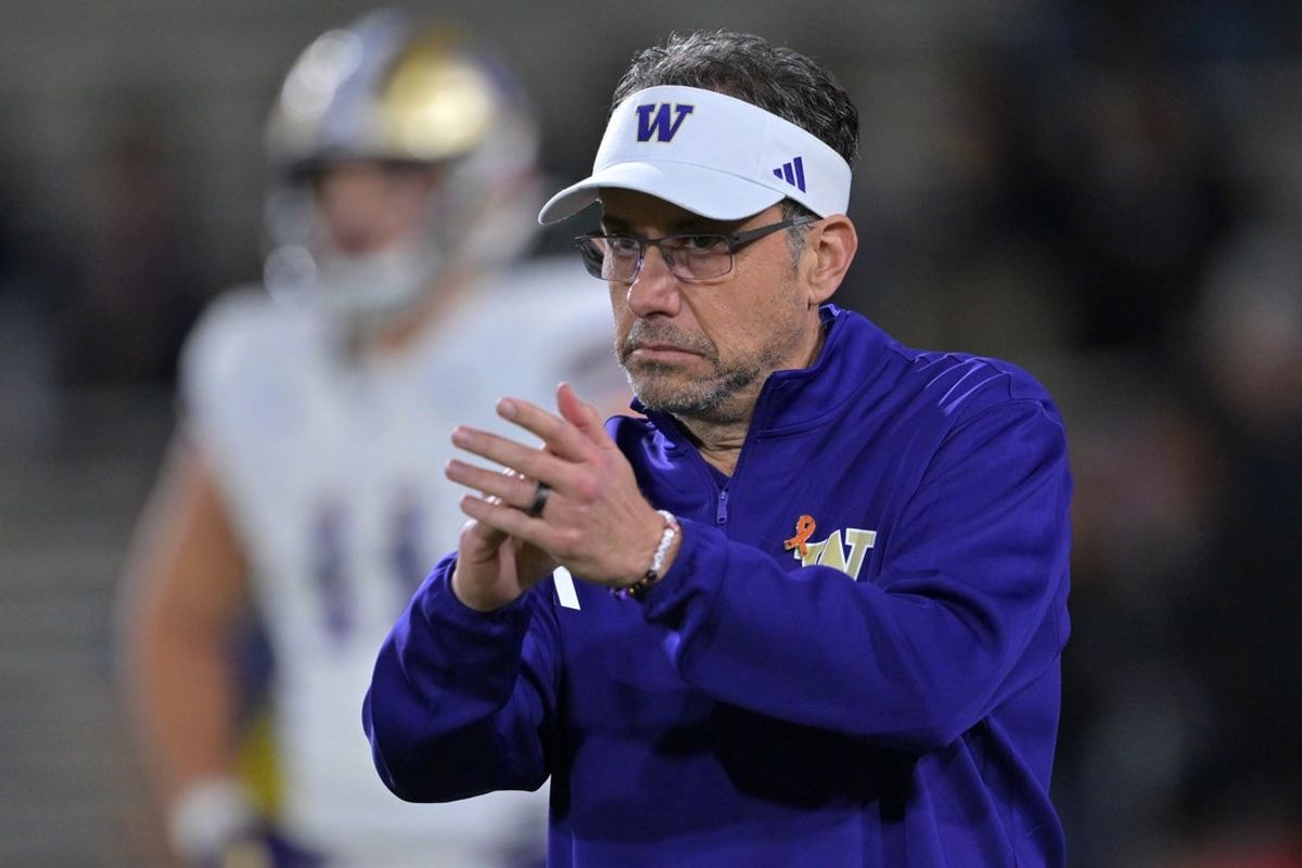 Nov 22, 2025; Pasadena, California, USA;  Washington Huskies head coach Jedd Fisch on the field prior to the game against the UCLA Bruins at the Rose Bowl. Mandatory Credit: Jayne Kamin-Oncea-Imagn Images