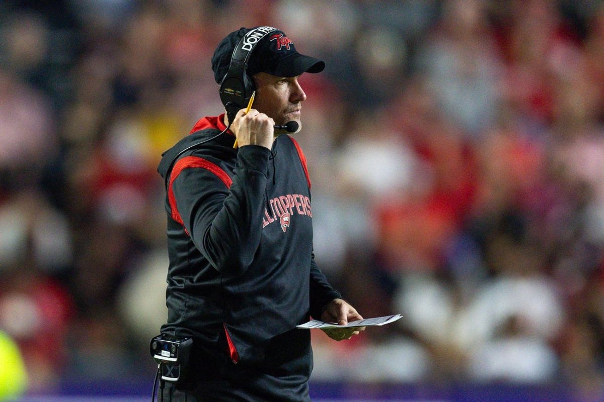 Nov 22, 2025; Baton Rouge, Louisiana, USA;  Western Kentucky Hilltoppers head coach Tyson Helton looks on against the LSU Tigers during the second half at Tiger Stadium. Mandatory Credit: Stephen Lew-Imagn Images