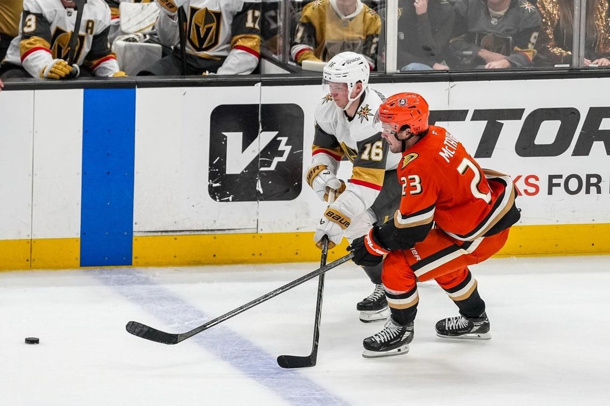 Nov 22, 2025; Anaheim, California, USA;  Anaheim Ducks center Mason McTavish (23) skates with the puck against Vegas Golden Knights right wing Pavel Dorofeyev (16) during the third period at Honda Center. Mandatory Credit: Corinne Votaw-Imagn Images