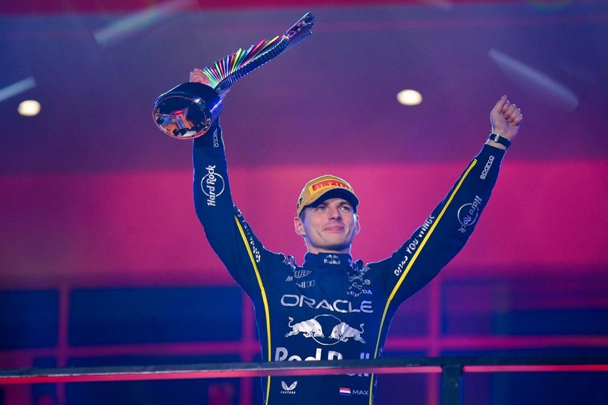 Nov 21, 2025; Las Vegas, NV, USA; Red Bull Racing driver Max Verstappen (1) celebrates his victory of the Las Vegas Grand Prix at Las Vegas Strip Circuit. Mandatory Credit: Gary A. Vasquez-Imagn Images