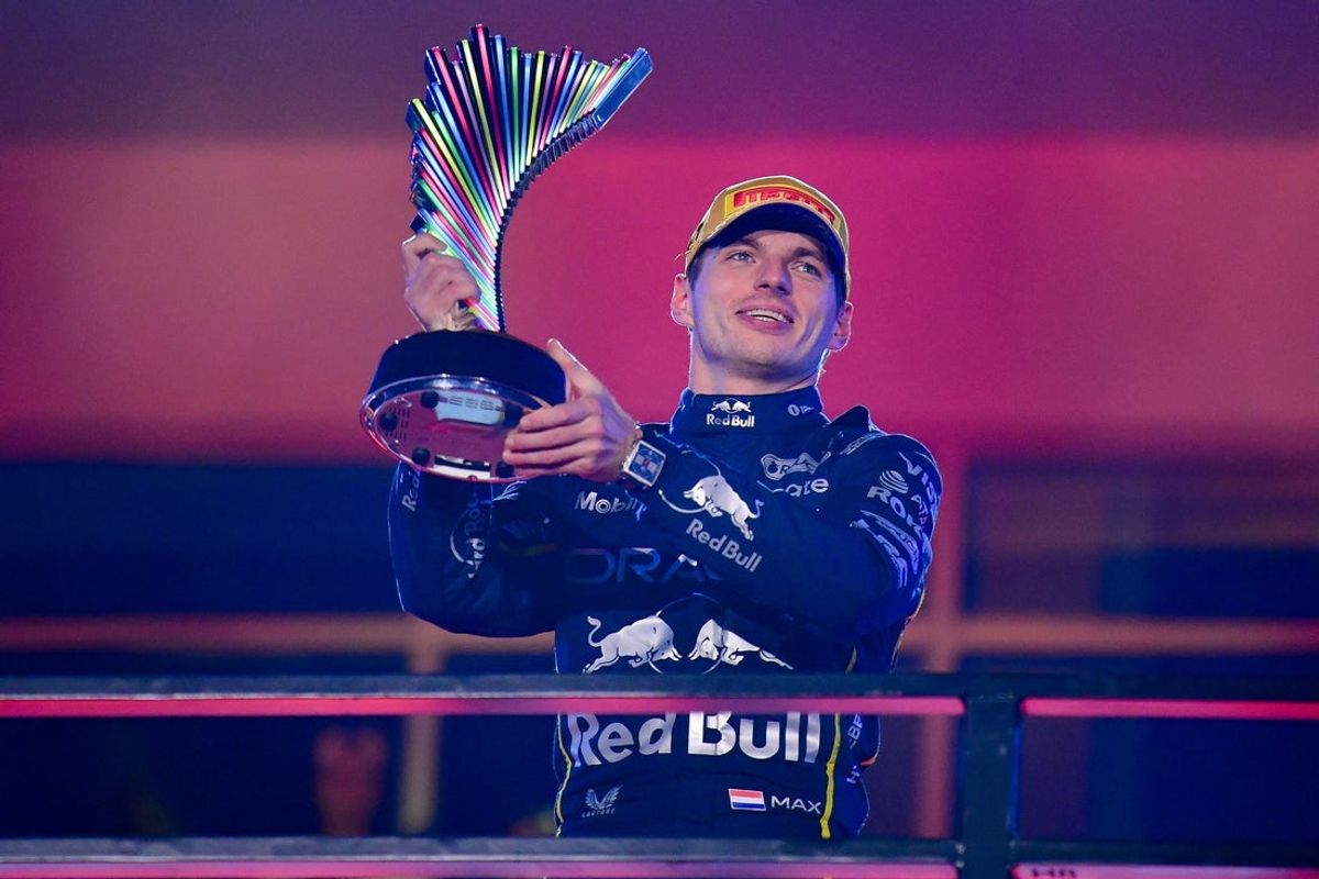 Nov 21, 2025; Las Vegas, NV, USA; Red Bull Racing driver Max Verstappen (1) celebrates his victory of the Las Vegas Grand Prix at Las Vegas Strip Circuit. Mandatory Credit: Gary A. Vasquez-Imagn Images