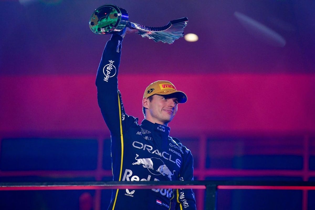 Nov 21, 2025; Las Vegas, NV, USA; Red Bull Racing driver Max Verstappen (1) celebrates his victory of the Las Vegas Grand Prix at Las Vegas Strip Circuit. Mandatory Credit: Gary A. Vasquez-Imagn Images