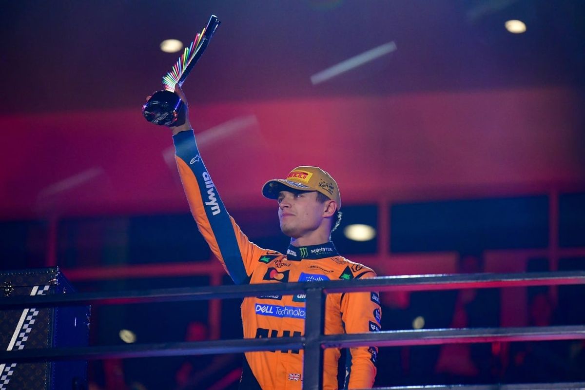 Nov 21, 2025; Las Vegas, NV, USA; McLaren driver Lando Norris (4) reacts after placing second in the Las Vegas Grand Prix at Las Vegas Strip Circuit. Mandatory Credit: Gary A. Vasquez-Imagn Images
