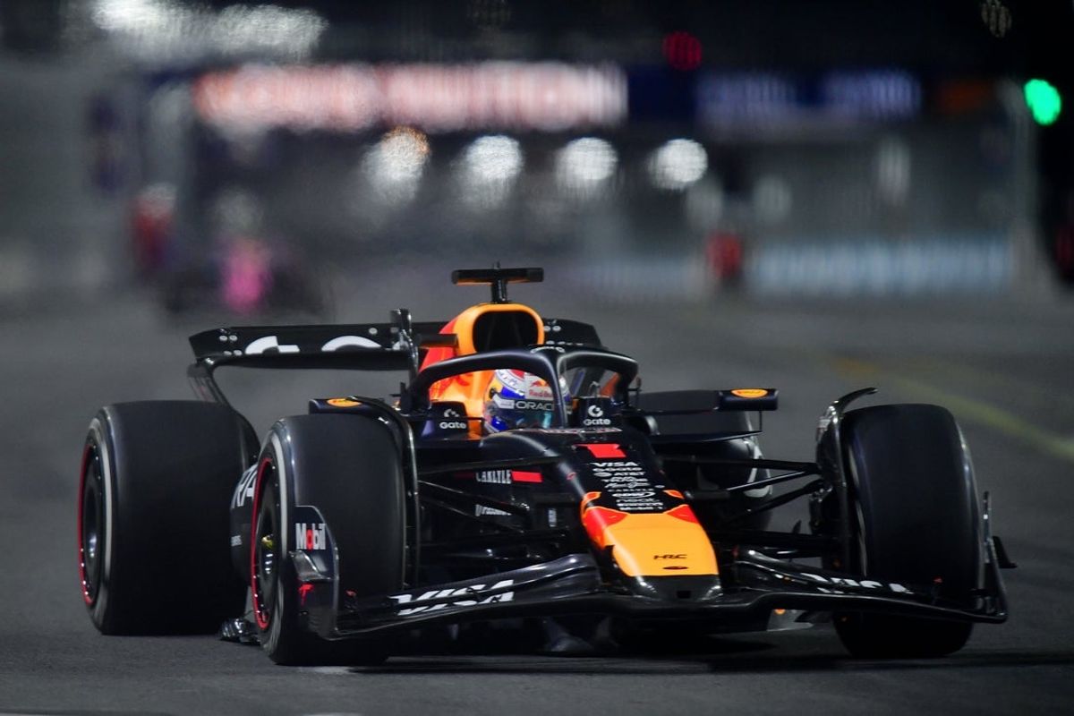 Nov 21, 2025; Las Vegas, NV, USA; Red Bull Racing driver Max Verstappen (1) during the Las Vegas Grand Prix at Las Vegas Strip Circuit. Mandatory Credit: Gary A. Vasquez-Imagn Images