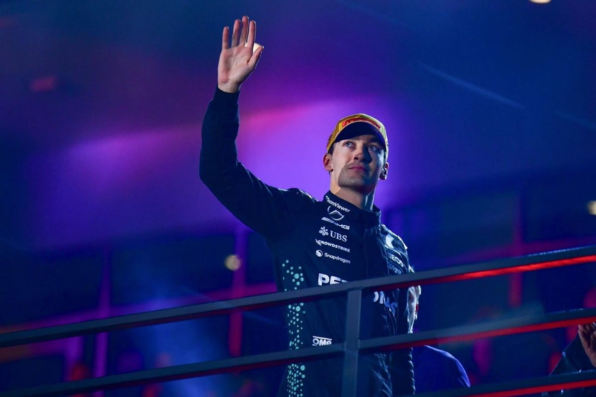 Nov 21, 2025; Las Vegas, NV, USA; Mercedes driver George Russell (63) reacts following his third place finish the Las Vegas Grand Prix at Las Vegas Strip Circuit. Mandatory Credit: Gary A. Vasquez-Imagn Images