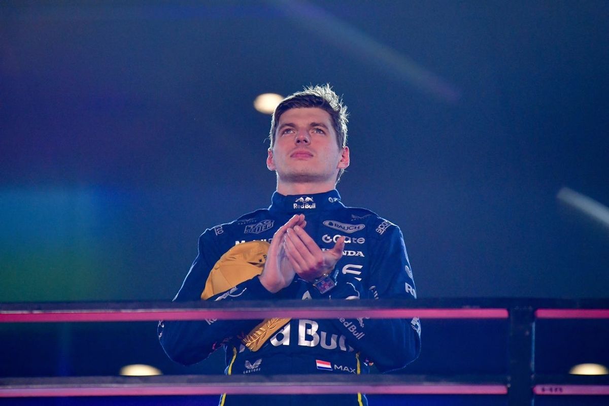 Nov 21, 2025; Las Vegas, NV, USA; Red Bull Racing driver Max Verstappen (1) celebrates his victory of the Las Vegas Grand Prix at Las Vegas Strip Circuit. Mandatory Credit: Gary A. Vasquez-Imagn Images