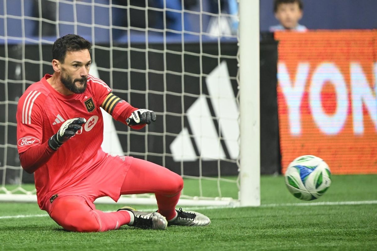 Nov 22, 2025; Vancouver, British Columbia, CAN;  Los Angeles FC goalkeeper Hugo Lloris (1) blocks a shot on goal during the first half against Vancouver Whitecaps FC at BC Place. Mandatory Credit: Anne-Marie Sorvin-Imagn Images
