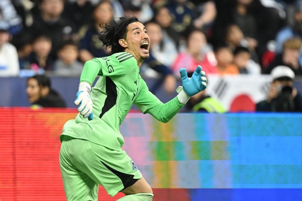 Nov 22, 2025; Vancouver, British Columbia, CAN;  Vancouver Whitecaps FC goalkeeper Yohei Takaoka (1) runs to block a shot on goal by the Los Angeles FC mduring the second half at BC Place. Mandatory Credit: Anne-Marie Sorvin-Imagn Images