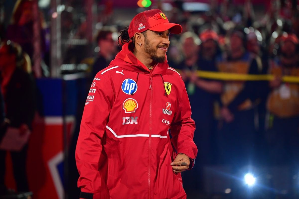 Nov 21, 2025; Las Vegas, NV, USA; Ferrari driver Lewis Hamilton (44) is introduced before the Las Vegas Grand Prix at Las Vegas Strip Circuit. Mandatory Credit: Gary A. Vasquez-Imagn Images