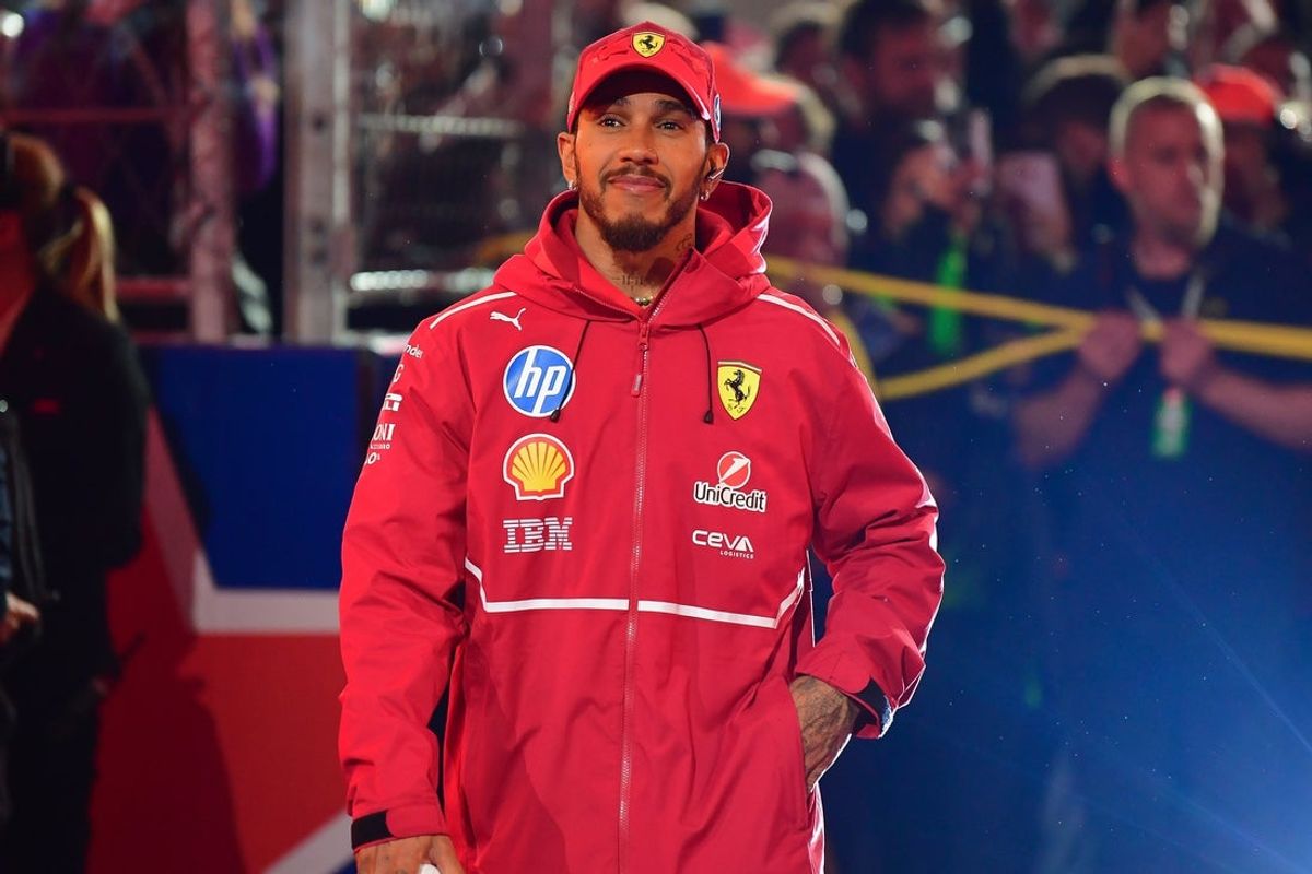 Nov 21, 2025; Las Vegas, NV, USA; Ferrari driver Lewis Hamilton (44) is introduced before the Las Vegas Grand Prix at Las Vegas Strip Circuit. Mandatory Credit: Gary A. Vasquez-Imagn Images