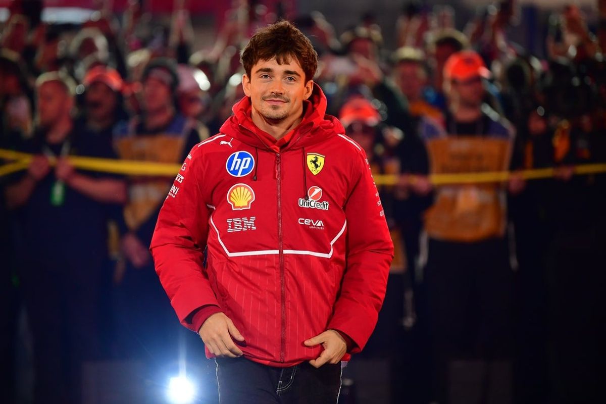 Nov 21, 2025; Las Vegas, NV, USA; Ferrari driver Charles Leclerc (16) is introduced before the Las Vegas Grand Prix at Las Vegas Strip Circuit. Mandatory Credit: Gary A. Vasquez-Imagn Images