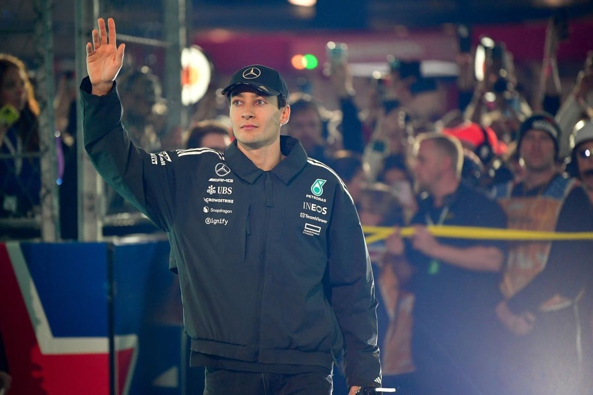 Nov 21, 2025; Las Vegas, NV, USA; Mercedes driver George Russell (63) is introduced before the Las Vegas Grand Prix at Las Vegas Strip Circuit. Mandatory Credit: Gary A. Vasquez-Imagn Images
