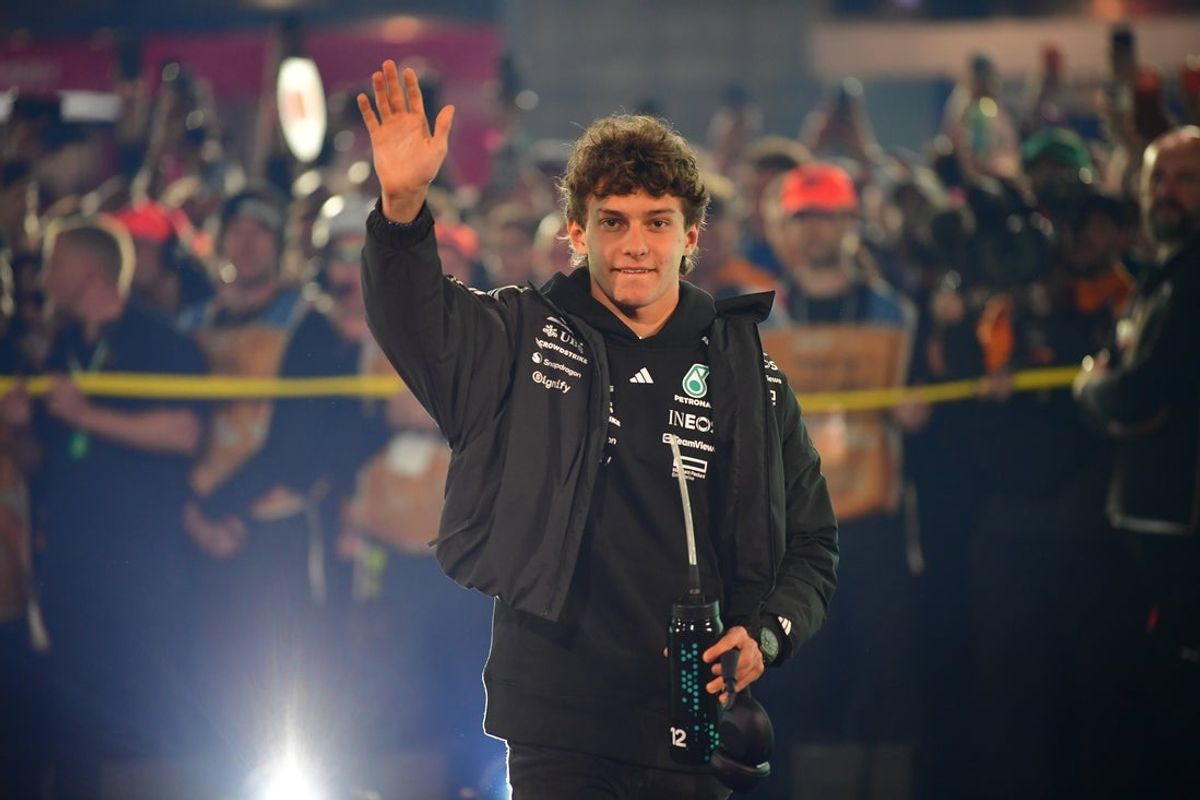 Nov 21, 2025; Las Vegas, NV, USA; Mercedes driver Andrea Kimi Antonelli (12) is introduced before the Las Vegas Grand Prix at Las Vegas Strip Circuit. Mandatory Credit: Gary A. Vasquez-Imagn Images