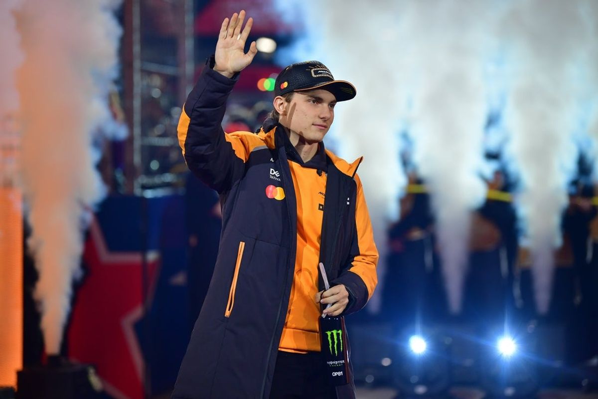 Nov 21, 2025; Las Vegas, NV, USA; McLaren driver Oscar Piastri (81) is introduced before the Las Vegas Grand Prix at Las Vegas Strip Circuit. Mandatory Credit: Gary A. Vasquez-Imagn Images