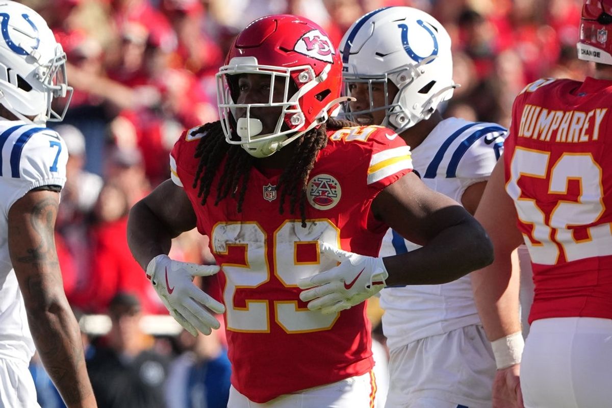 Nov 23, 2025; Kansas City, Missouri, USA; Kansas City Chiefs running back Kareem Hunt (29) reacts in the first quarter against the Indianapolis Colts at GEHA Field at Arrowhead Stadium. Mandatory Credit: Denny Medley-Imagn Images