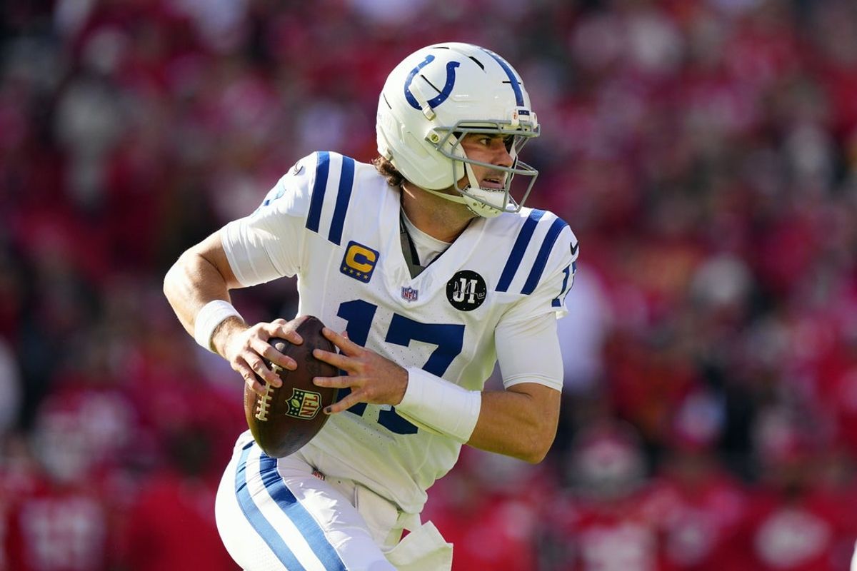 Nov 23, 2025; Kansas City, Missouri, USA; Indianapolis Colts quarterback Daniel Jones (17) looks to pass against the Kansas City Chiefs in the first half at GEHA Field at Arrowhead Stadium. Mandatory Credit: Jay Biggerstaff-Imagn Images