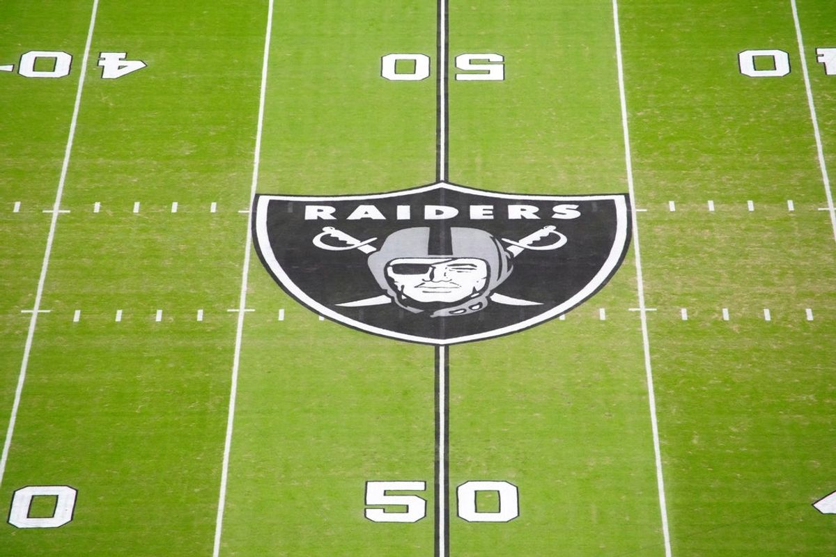 Nov 23, 2025; Paradise, Nevada, USA; The Las Vegas Raiders shield logo at midfield Allegiant Stadium. Mandatory Credit: Kirby Lee-Imagn Images