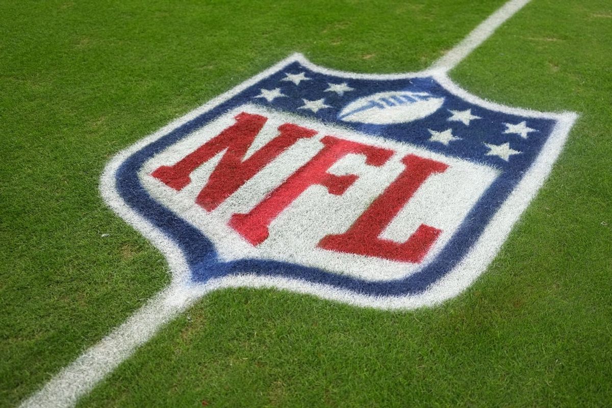Nov 23, 2025; Paradise, Nevada, USA; The NFL shield logo on the field at Allegiant Stadium. Mandatory Credit: Kirby Lee-Imagn Images