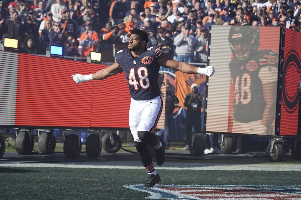 Nov 23, 2025; Chicago, Illinois, USA; Chicago Bears linebacker D'Marco Jackson (48) takes the field prior to a game against the Pittsburgh Steelers at Soldier Field. Mandatory Credit: David Banks-Imagn Images