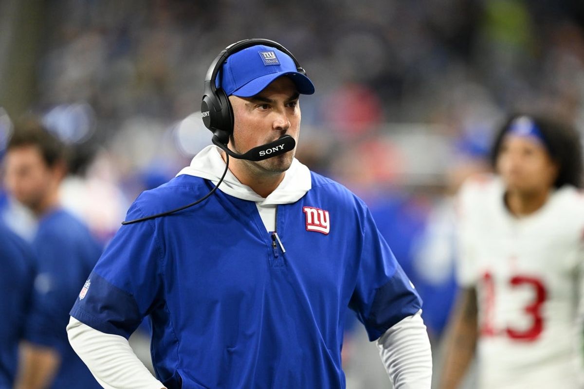 Nov 23, 2025; Detroit, Michigan, USA; New York Giants interim head coach Mike Kafka looks on during the third quarter against the Detroit Lions at  Ford Field. Mandatory Credit: Lon Horwedel-Imagn Images