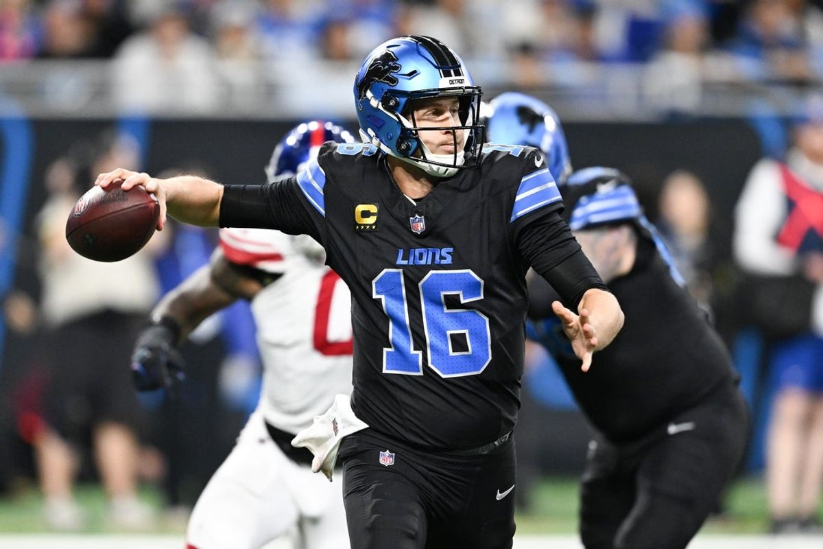 Nov 23, 2025; Detroit, Michigan, USA; Detroit Lions quarterback Jared Goff (16) passes the ball in the fourth quarter against the New York Giants at Ford Field. Mandatory Credit: Lon Horwedel-Imagn Images