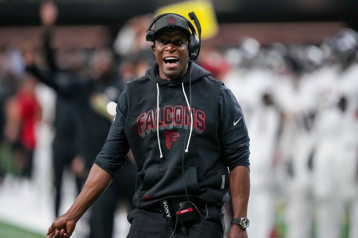 Nov 23, 2025; New Orleans, Louisiana, USA; Atlanta Falcons head coach Raheem Morris reacts on the sidelines during the second half against the New Orleans Saints at Caesars Superdome. Mandatory Credit: Matthew Hinton-Imagn Images