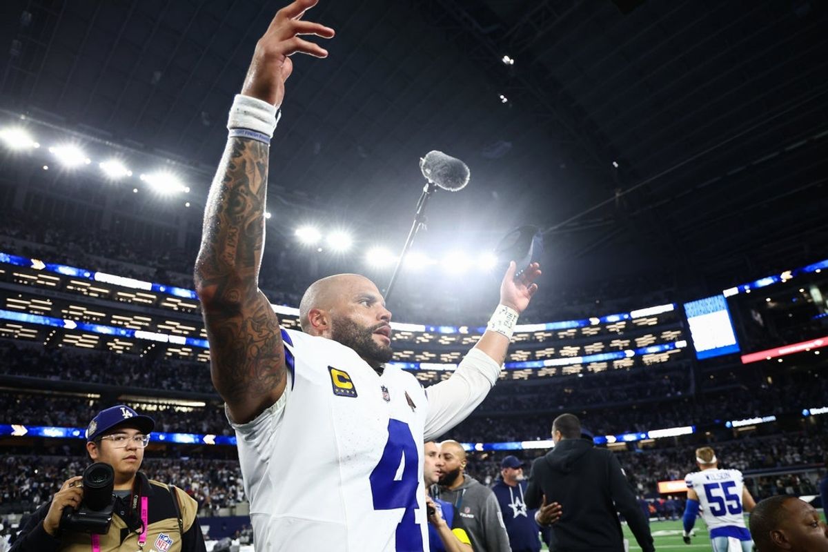 Nov 23, 2025; Arlington, Texas, USA; Dallas Cowboys quarterback Dak Prescott (4) reacts after the game against the Philadelphia Eagles at AT&T Stadium. Mandatory Credit: Kevin Jairaj-Imagn Images
