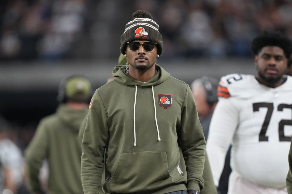 Nov 23, 2025; Paradise, Nevada, USA; Cleveland Browns quarterback Deshaun Watson watches on the sidelines against the Las Vegas Raiders in the second half at Allegiant Stadium. Mandatory Credit: Kirby Lee-Imagn Images