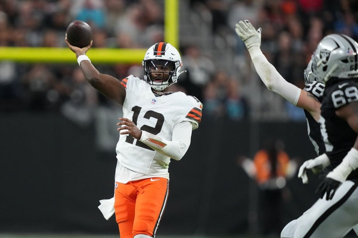 Nov 23, 2025; Paradise, Nevada, USA; Cleveland Browns quarterback Shedeur Sanders (12) throws the ball against the Las Vegas Raiders in the second half at Allegiant Stadium. Mandatory Credit: Kirby Lee-Imagn Images