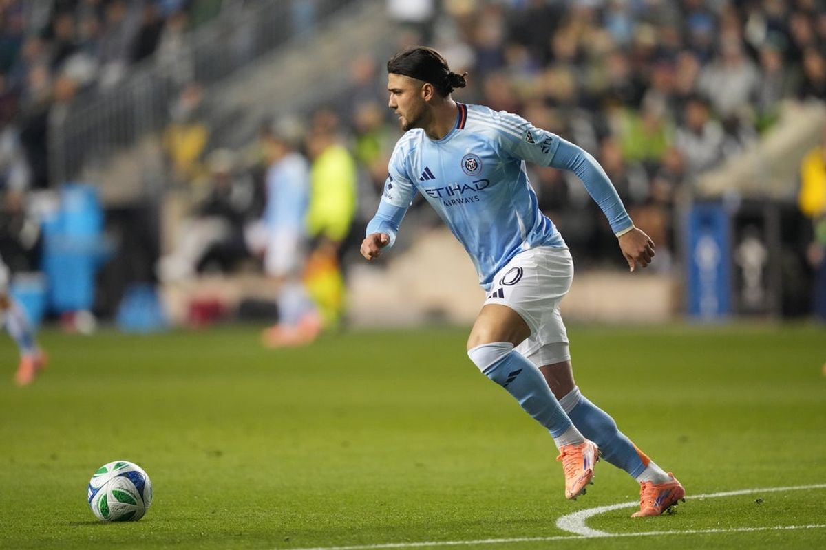 Nov 23, 2025; Chester, Pennsylvania, USA; New York City FC midfielder Justin Haak (80) controls the ball against the Philadelphia Union in the first half at Subaru Park. Mandatory Credit: Kyle Ross-Imagn Images
