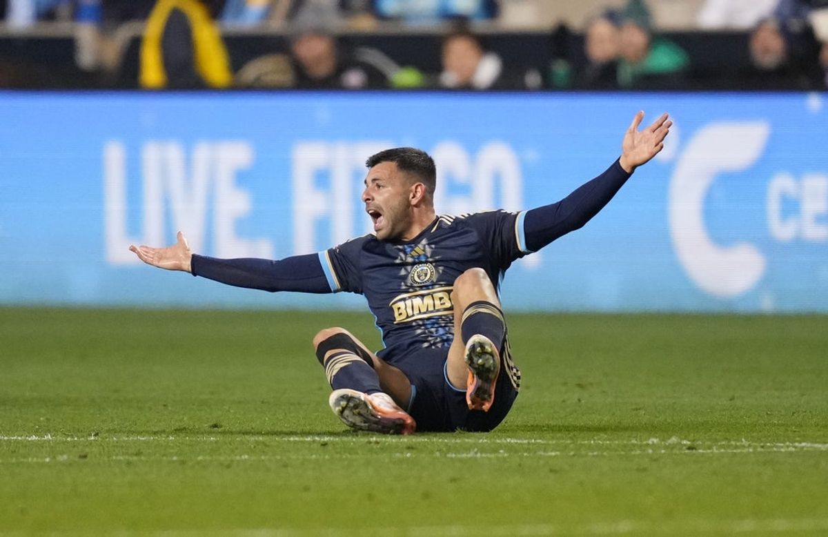 Nov 23, 2025; Chester, Pennsylvania, USA; Philadelphia Union defender Kai Wagner (27) reacts after a foul in the first half against New York City FC at Subaru Park. Mandatory Credit: James Lang-Imagn Images