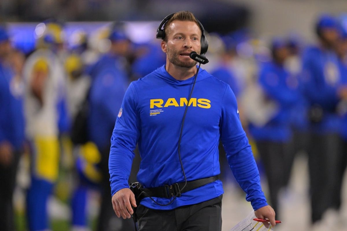 Nov 23, 2025; Inglewood, California, USA; Los Angeles Rams head coach Sean McVay watches game play against the Tampa Bay Buccaneers during the first quarter at SoFi Stadium. Mandatory Credit: Jayne Kamin-Oncea-Imagn Images