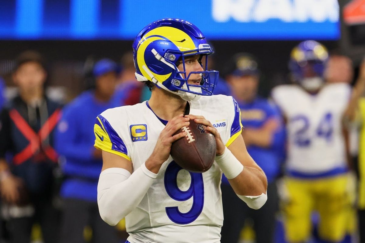 Nov 23, 2025; Inglewood, California, USA; Los Angeles Rams quarterback Matthew Stafford (9) looks to pass the ball against the Tampa Bay Buccaneers during the second quarter at SoFi Stadium. Mandatory Credit: Kiyoshi Mio-Imagn Images