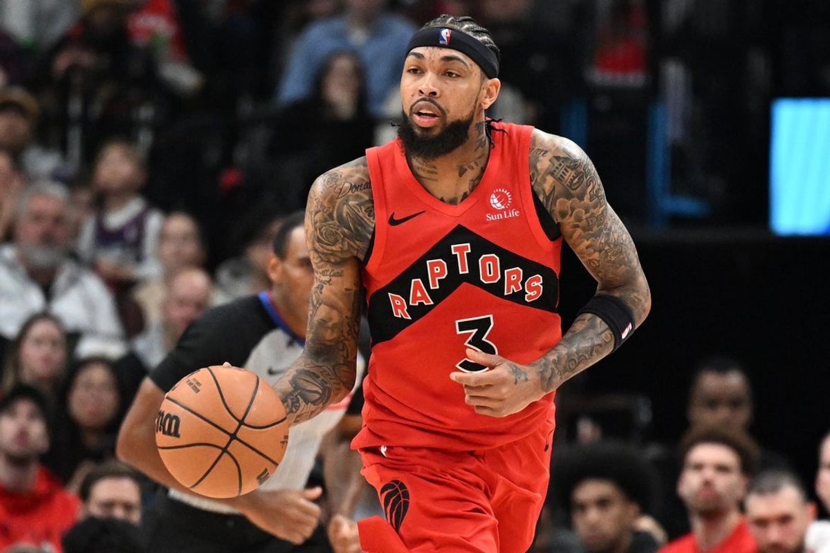 Nov 23, 2025; Toronto, Ontario, CAN;  Toronto Raptors forward Brandon Ingram (3) dribbles the ball against the Brooklyn Nets in the second half at Scotiabank Arena. Mandatory Credit: Dan Hamilton-Imagn Images