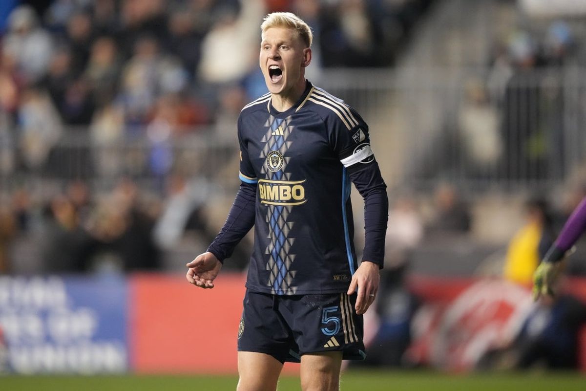 Nov 23, 2025; Chester, Pennsylvania, USA; Philadelphia Union defender Jakob Glesnes (5) reacts against New York City FC in the second half at Subaru Park. Mandatory Credit: Kyle Ross-Imagn Images