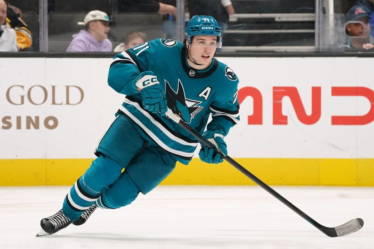 Nov 23, 2025; San Jose, California, USA;  San Jose Sharks center Macklin Celebrini (71) pursues the puck during a game against the Boston Bruins in the third period at SAP Center in San Jose. Mandatory Credit: David Gonzales-Imagn Images