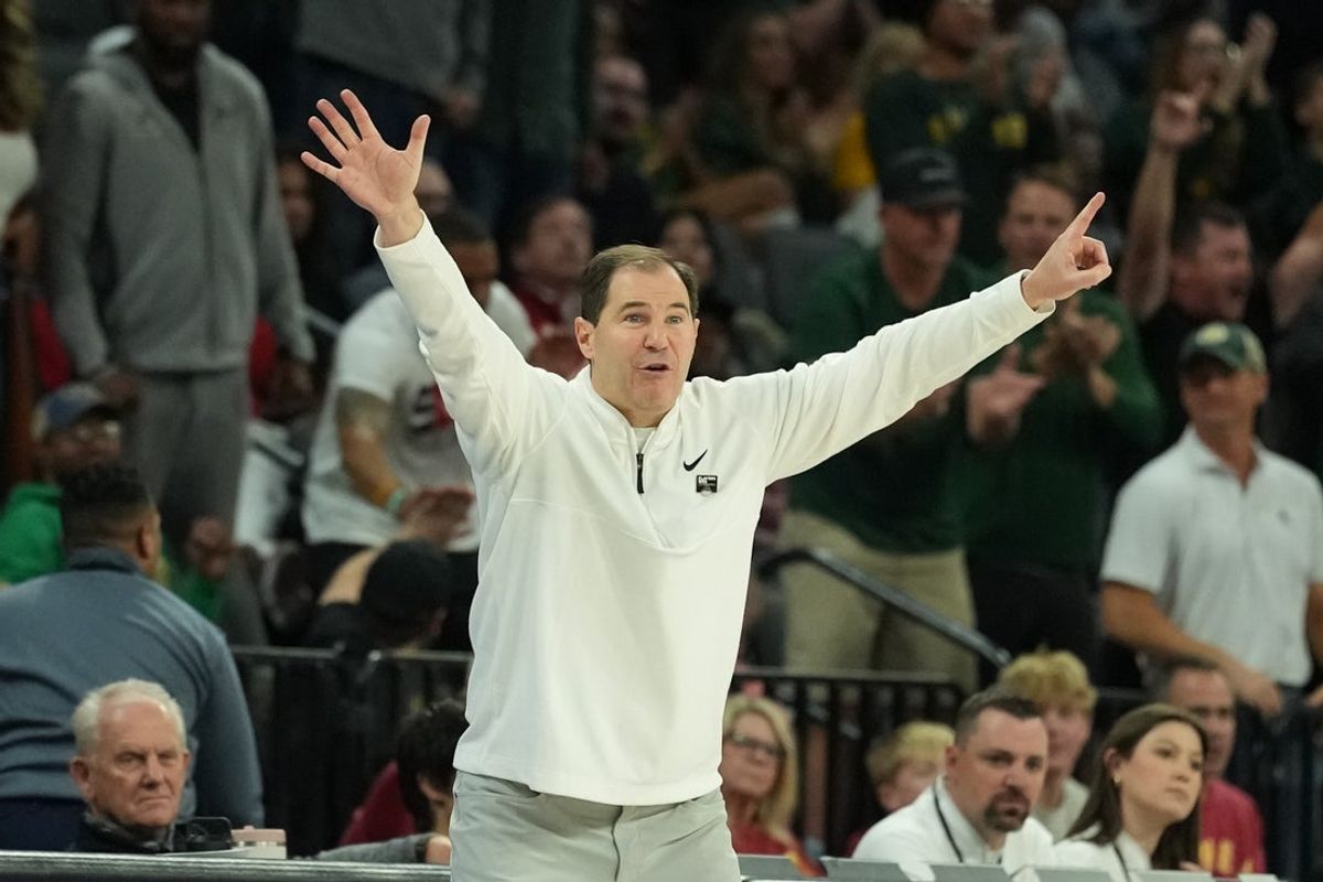 Nov 24, 2025; Las Vegas, Nevada, USA; Baylor Bears head coach Scott Drew yells from the bench Creighton Bluejays during the second half in a 2025 Players Era Festival group play game at Michelob Ultra Arena. Mandatory Credit: Kirby Lee-Imagn Images