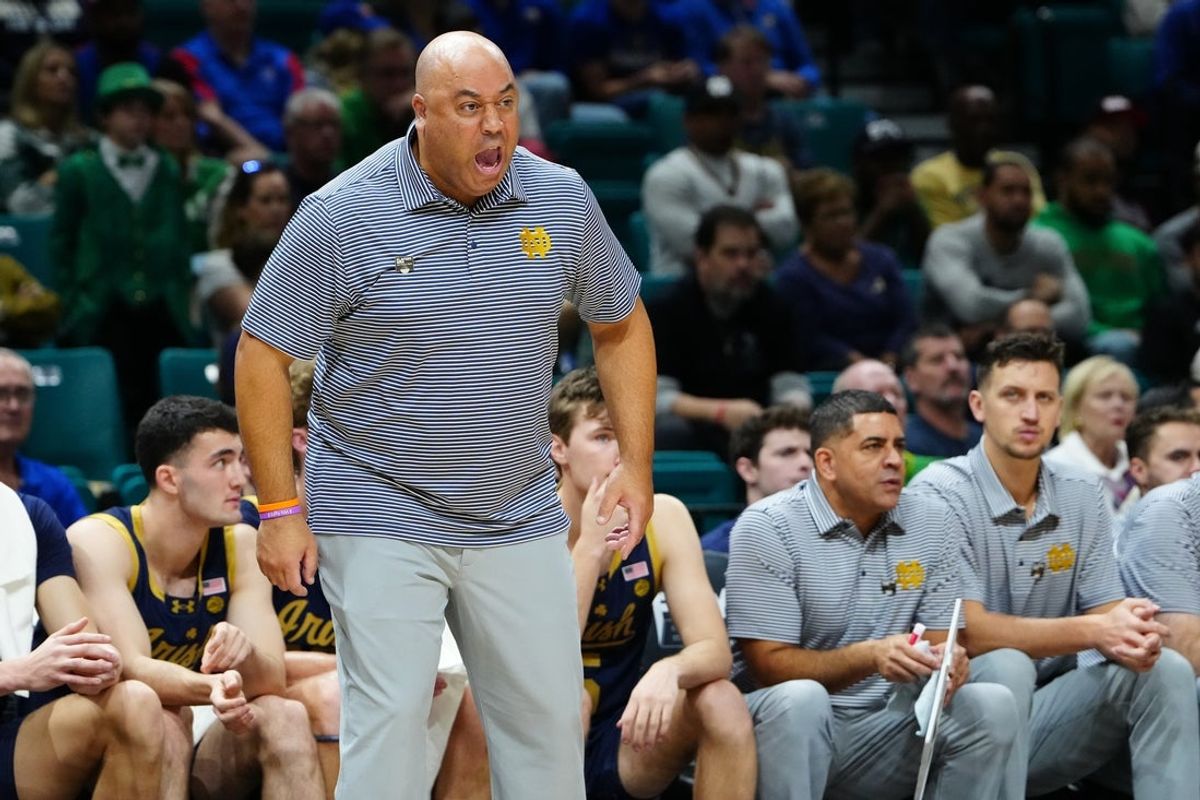 Nov 24, 2025; Las Vegas, Nevada, USA; Notre Dame Fighting Irish head coach Micah Shrewsberry yells from the bench against the Kansas Jayhawks during the first half in a 2025 Players Era Festival group play game at MGM Grand Garden Arena. Mandatory Credit: Stephen R. Sylvanie-Imagn Images