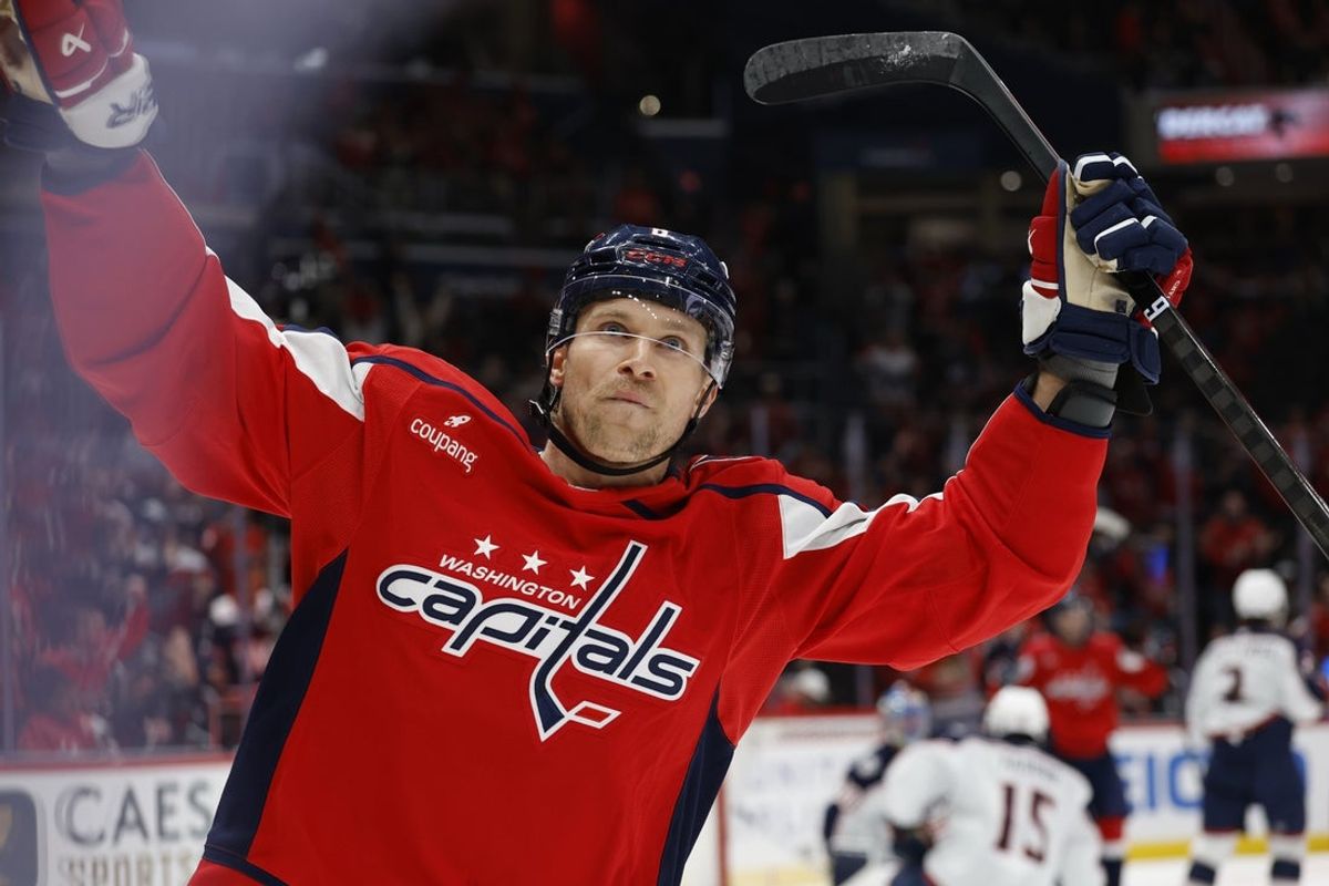 Nov 24, 2025; Washington, District of Columbia, USA; Washington Capitals defenseman Jakob Chychrun (6) celebrates after scoring a goal against the Columbus Blue Jackets during the first period at Capital One Arena. Mandatory Credit: Geoff Burke-Imagn Images