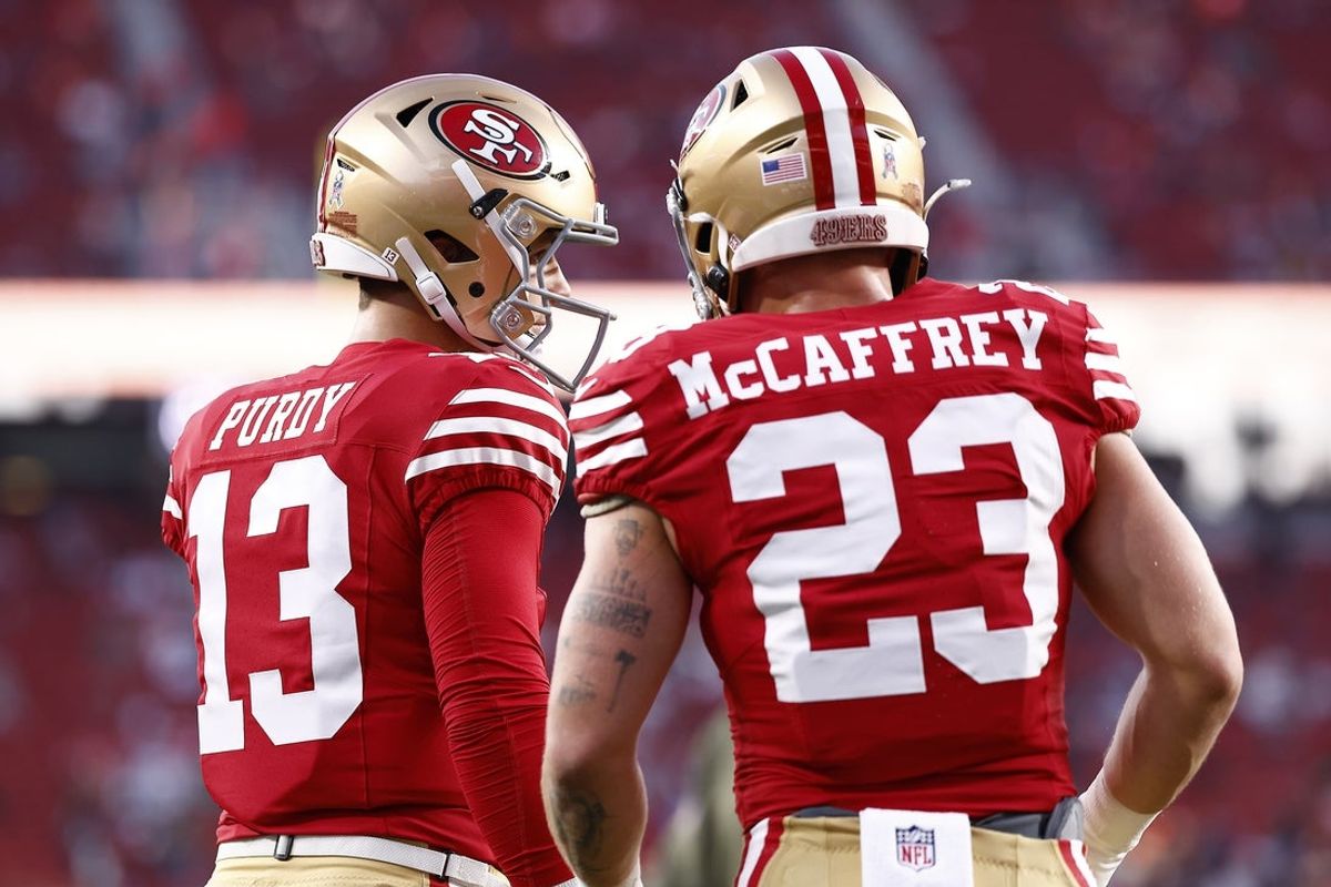 Nov 24, 2025; Santa Clara, California, USA; San Francisco 49ers quarterback Brock Purdy (13) and running back Christian McCaffrey (23) practice before the game against the Carolina Panthers at Levi's Stadium. Mandatory Credit: Kelley L Cox-Imagn Images